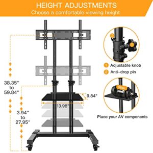 Mobile TV Stand with Wheels for 32 to 70 Inch Flat/Curved Panel Screen TVs Tilting TV Cart Height Adjustable Max VESA 600x400mm Extra Tall Rolling Floor Stand w/Shelf Supports TV up to 99lbs PGTVMC03