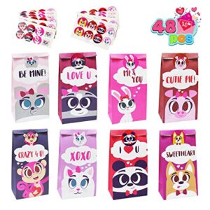 joyin 48 pieces valentines day gift bags craft paper treat bags valentine goodie bags with different characters for kids party favor supplies