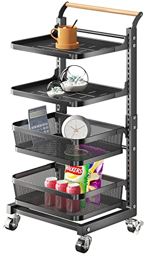 4 Tier Rolling Cart, Hanging Adjustable Utility Cart for Kitchen Pot Holder Office Laundry Bathroom, Black