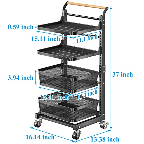 4 Tier Rolling Cart, Hanging Adjustable Utility Cart for Kitchen Pot Holder Office Laundry Bathroom, Black