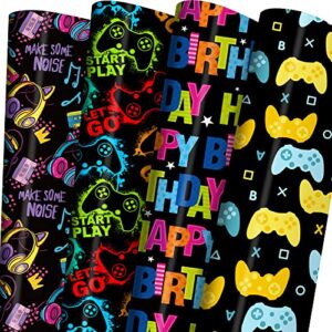 zintbial gaming birthday wrapping paper for boys girls kids baby shower – black gift wrapping paper with colorful gamepad, pink headphones, happy birthday – 20 x 29 inches per sheet (8 folded sheets), recyclable, easy to store, not rolled