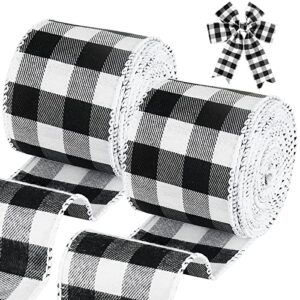 tenn well black and white plaid ribbon, 19.6 yards 2.5 inch wired christmas buffalo check ribbon for bow making, gift wrapping, wreath, christmas tree decoration (2 roll x 9.8 yards)