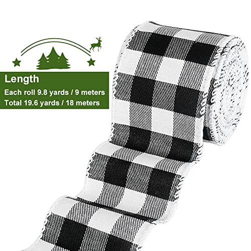 Tenn Well Black and White Plaid Ribbon, 19.6 Yards 2.5 inch Wired Christmas Buffalo Check Ribbon for Bow Making, Gift Wrapping, Wreath, Christmas Tree Decoration (2 Roll x 9.8 Yards)