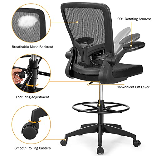 POWERSTONE Drafting Chair, Ergonomic Tall Office Chair Stool Standing Desk Chair with High Back and Flip-up Armrests Adjustable Rolling Workbench Stool with Footrest(1pcs)