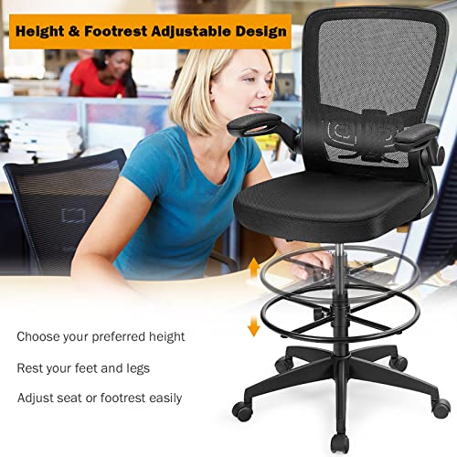 POWERSTONE Drafting Chair, Ergonomic Tall Office Chair Stool Standing Desk Chair with High Back and Flip-up Armrests Adjustable Rolling Workbench Stool with Footrest(1pcs)