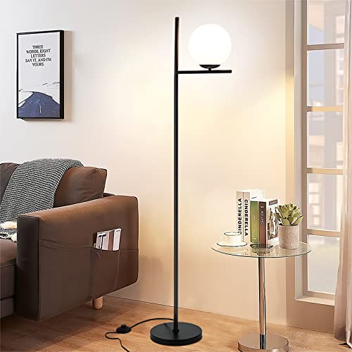 DLLT Modern LED Sphere Floor Lamp-9W Frosted Glass Globe Standing Lamps for bedroom, Energy Saving Mid Century Tall Pole Standing Accent lighting for Living Room, Office, Bedroom, Black