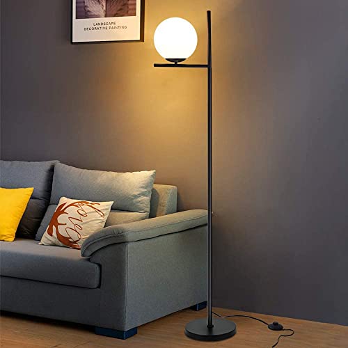 DLLT Modern LED Sphere Floor Lamp-9W Frosted Glass Globe Standing Lamps for bedroom, Energy Saving Mid Century Tall Pole Standing Accent lighting for Living Room, Office, Bedroom, Black