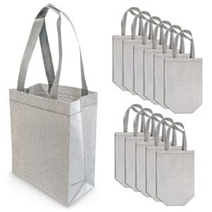 silver gift bags – 12 pack medium silver reusable gift bag tote with handles, glitter metallic bling shimmer, eco friendly for kids birthdays, bridesmaids, party favors, grocery shopping – 8x4x10