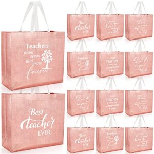 12 pcs glossy teacher appreciation gift bag teacher non woven metallic tote bags large reusable teacher bag with finish for teachers day back to school end of semester gifts (rose gold)