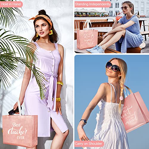 12 Pcs Glossy Teacher Appreciation Gift Bag Teacher Non Woven Metallic Tote Bags Large Reusable Teacher Bag with Finish for Teachers Day Back to School End of Semester Gifts (Rose Gold)