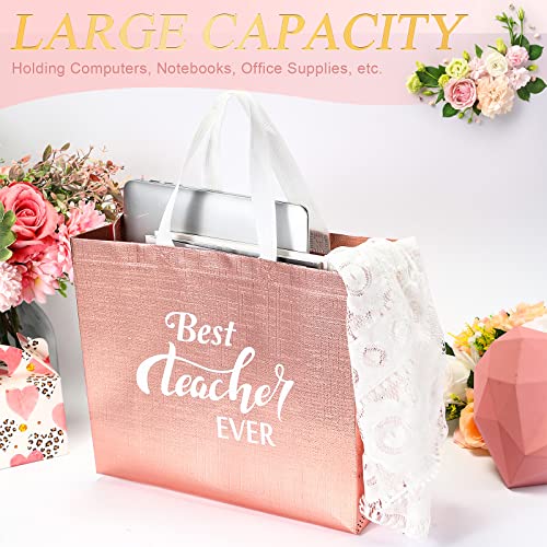 12 Pcs Glossy Teacher Appreciation Gift Bag Teacher Non Woven Metallic Tote Bags Large Reusable Teacher Bag with Finish for Teachers Day Back to School End of Semester Gifts (Rose Gold)