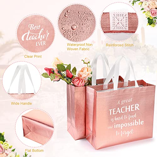 12 Pcs Glossy Teacher Appreciation Gift Bag Teacher Non Woven Metallic Tote Bags Large Reusable Teacher Bag with Finish for Teachers Day Back to School End of Semester Gifts (Rose Gold)