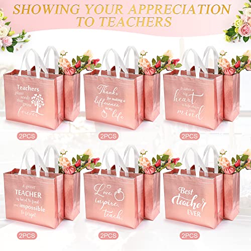 12 Pcs Glossy Teacher Appreciation Gift Bag Teacher Non Woven Metallic Tote Bags Large Reusable Teacher Bag with Finish for Teachers Day Back to School End of Semester Gifts (Rose Gold)