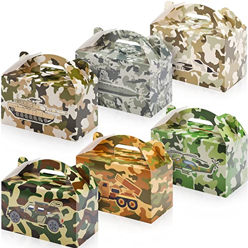 24 PCS Camo Party Favors Boxes Camouflage Army Party Goodie Boxes Camo Paper Camouflage Treat Boxes with Handle Camo Birthday Party Supplies for Candy Cookie Wrapping, 6 x 3.5 x 3.5 Inch, 6 Designs