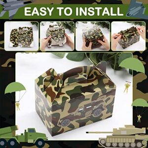 24 PCS Camo Party Favors Boxes Camouflage Army Party Goodie Boxes Camo Paper Camouflage Treat Boxes with Handle Camo Birthday Party Supplies for Candy Cookie Wrapping, 6 x 3.5 x 3.5 Inch, 6 Designs