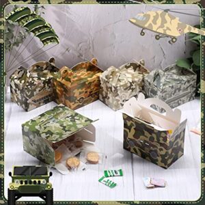 24 PCS Camo Party Favors Boxes Camouflage Army Party Goodie Boxes Camo Paper Camouflage Treat Boxes with Handle Camo Birthday Party Supplies for Candy Cookie Wrapping, 6 x 3.5 x 3.5 Inch, 6 Designs