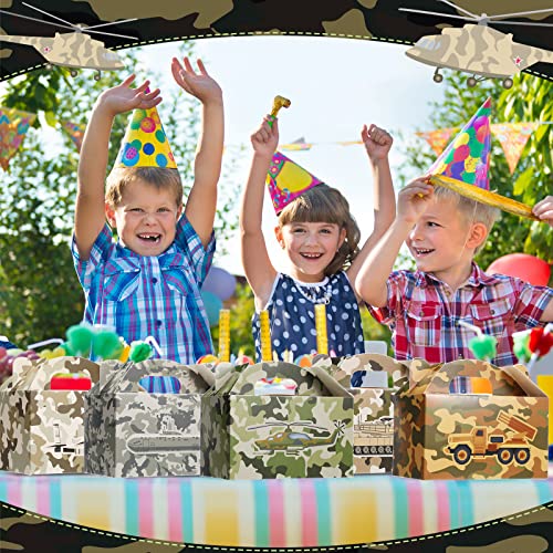 24 PCS Camo Party Favors Boxes Camouflage Army Party Goodie Boxes Camo Paper Camouflage Treat Boxes with Handle Camo Birthday Party Supplies for Candy Cookie Wrapping, 6 x 3.5 x 3.5 Inch, 6 Designs