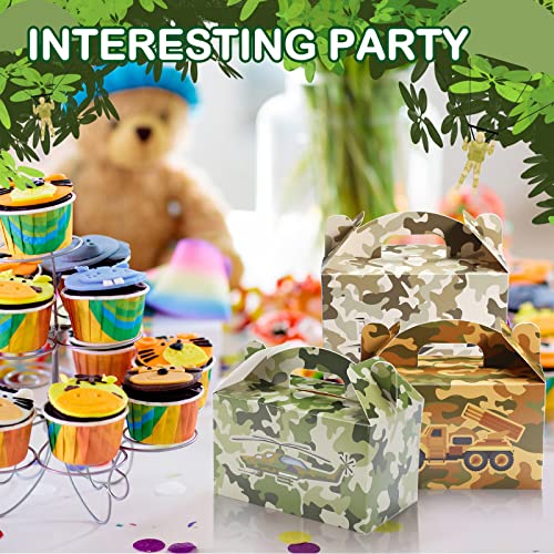 24 PCS Camo Party Favors Boxes Camouflage Army Party Goodie Boxes Camo Paper Camouflage Treat Boxes with Handle Camo Birthday Party Supplies for Candy Cookie Wrapping, 6 x 3.5 x 3.5 Inch, 6 Designs