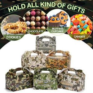 24 PCS Camo Party Favors Boxes Camouflage Army Party Goodie Boxes Camo Paper Camouflage Treat Boxes with Handle Camo Birthday Party Supplies for Candy Cookie Wrapping, 6 x 3.5 x 3.5 Inch, 6 Designs