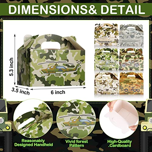 24 PCS Camo Party Favors Boxes Camouflage Army Party Goodie Boxes Camo Paper Camouflage Treat Boxes with Handle Camo Birthday Party Supplies for Candy Cookie Wrapping, 6 x 3.5 x 3.5 Inch, 6 Designs