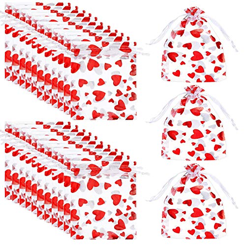 Llxieym 150 Pieces Valentine's Day Love Heart Organza Bags Gift Bags Jewelry Pouches Drawstring Pouches Candy Goodies Bags Food Storage Bags for Valentine's Day Wedding, 3 x 4 Inches