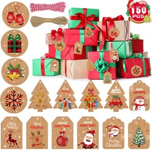 150 pack brown kraft paper christmas gift tags with jute string for holiday present wrap stamp and label package diy name card (15 patterns)