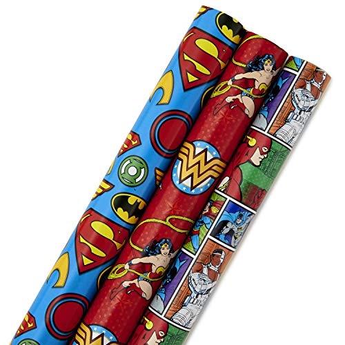 Hallmark Justice League Wrapping Paper Bundle with Cut Lines on Reverse (3 Rolls - 60 sq. ft. ttl) Wonder Woman, Batman, Superman, Flash, Green Lantern