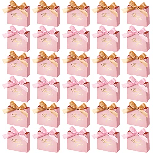 90 Pcs Small Thank You Gift Bag Party Favor Bags Treat Box with Bow Ribbons Mini Pink Goodie Bags Thank You Paper Gift Bags for Wedding Baby Shower Bridal Party Supplies, 4.5 x 1.8 x 3.9 Inches