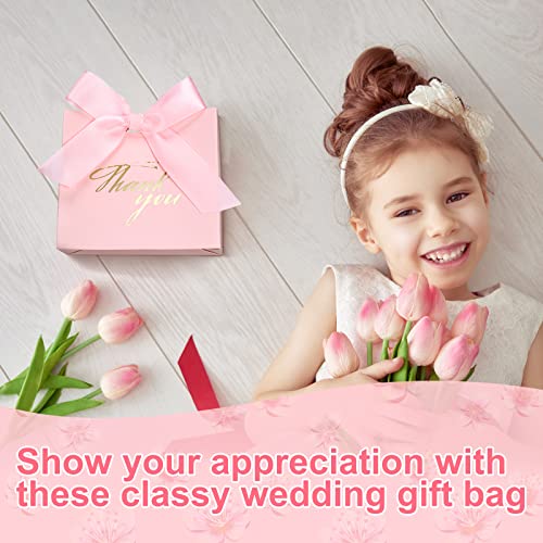 90 Pcs Small Thank You Gift Bag Party Favor Bags Treat Box with Bow Ribbons Mini Pink Goodie Bags Thank You Paper Gift Bags for Wedding Baby Shower Bridal Party Supplies, 4.5 x 1.8 x 3.9 Inches