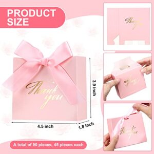 90 Pcs Small Thank You Gift Bag Party Favor Bags Treat Box with Bow Ribbons Mini Pink Goodie Bags Thank You Paper Gift Bags for Wedding Baby Shower Bridal Party Supplies, 4.5 x 1.8 x 3.9 Inches