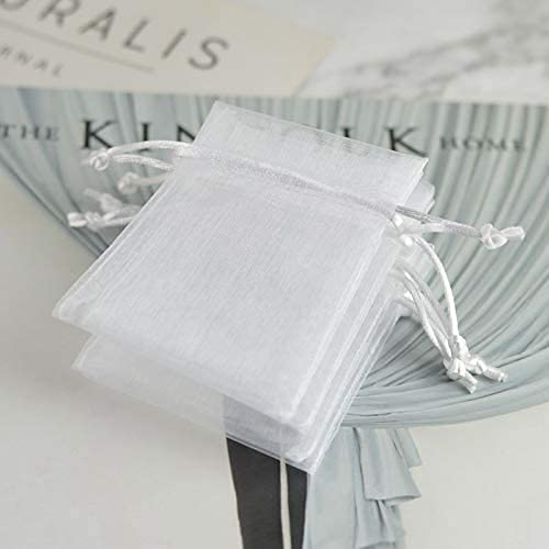 SULOLI 100pcs Organza Jewelry Bags Drawstring, 2.8x3.5 inch Small White Mesh Pouches for Wedding Party Favor Festival Gift Bags Candy