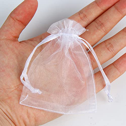 SULOLI 100pcs Organza Jewelry Bags Drawstring, 2.8x3.5 inch Small White Mesh Pouches for Wedding Party Favor Festival Gift Bags Candy