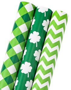packanewly wrapping paper roll for st. patrick day – 17 inch x 120 inch (3-pack, 42.3 sq.ft.ttl.) mini roll – green color design with geometry, four-leaf clovers，wave