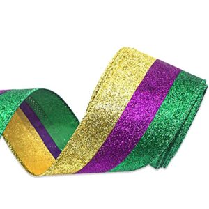 Hying Mardi Gras Ribbons for Wreath Bows, Glitter Gold Purple Green Wired Edge Ribbons Mardi Gras Stripes Craft Ribbons for Gift Wrapping Fat Tuesday Carnival Party Decoration Supplies, 2.5"×10 Yards