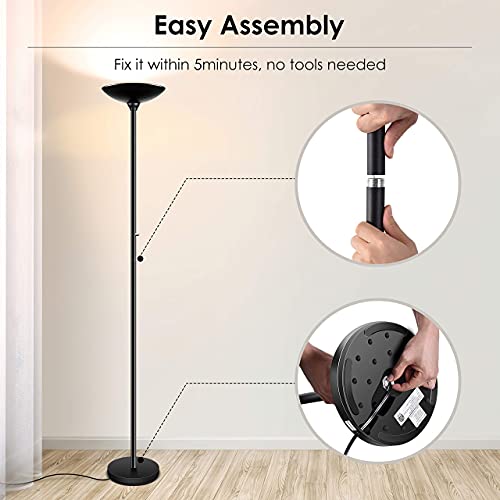 BoostArea Torchiere Floor Lamp, 24W Super Bright LED Standing Lamp, Stepless Dimmable Pole Lamp with 3000K Lighting, Rotary Switch, 70 Inch Tall Metal Modern Floor Lamps for Living Room/Bedroom Black
