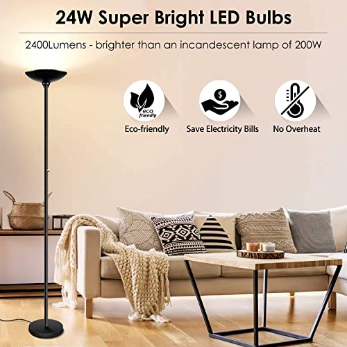 BoostArea Torchiere Floor Lamp, 24W Super Bright LED Standing Lamp, Stepless Dimmable Pole Lamp with 3000K Lighting, Rotary Switch, 70 Inch Tall Metal Modern Floor Lamps for Living Room/Bedroom Black