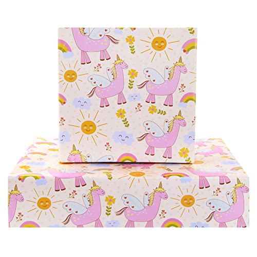 Magic Flying Unicorn Over Rainbow Flower Sunshine Dreams On Pink Wrapping Paper Sheets, Fantasy Horse With Wings and Horn Gift Wrap for Birthday Wedding Bridal Baby Shower Girl Kids, 4 Sheets Folded Flat 20x28 inches per sheet, 15 sq. ft. ttl.