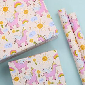 Magic Flying Unicorn Over Rainbow Flower Sunshine Dreams On Pink Wrapping Paper Sheets, Fantasy Horse With Wings and Horn Gift Wrap for Birthday Wedding Bridal Baby Shower Girl Kids, 4 Sheets Folded Flat 20x28 inches per sheet, 15 sq. ft. ttl.