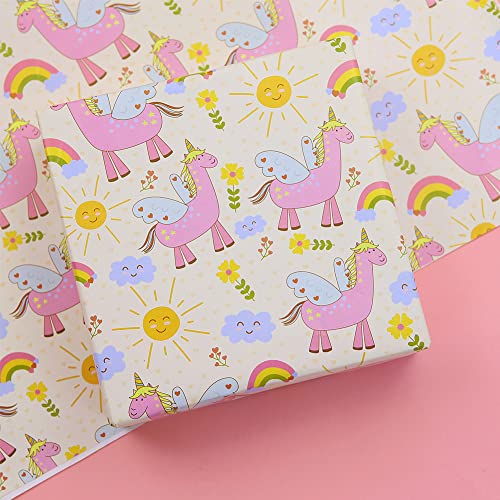 Magic Flying Unicorn Over Rainbow Flower Sunshine Dreams On Pink Wrapping Paper Sheets, Fantasy Horse With Wings and Horn Gift Wrap for Birthday Wedding Bridal Baby Shower Girl Kids, 4 Sheets Folded Flat 20x28 inches per sheet, 15 sq. ft. ttl.