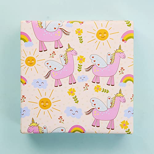 Magic Flying Unicorn Over Rainbow Flower Sunshine Dreams On Pink Wrapping Paper Sheets, Fantasy Horse With Wings and Horn Gift Wrap for Birthday Wedding Bridal Baby Shower Girl Kids, 4 Sheets Folded Flat 20x28 inches per sheet, 15 sq. ft. ttl.