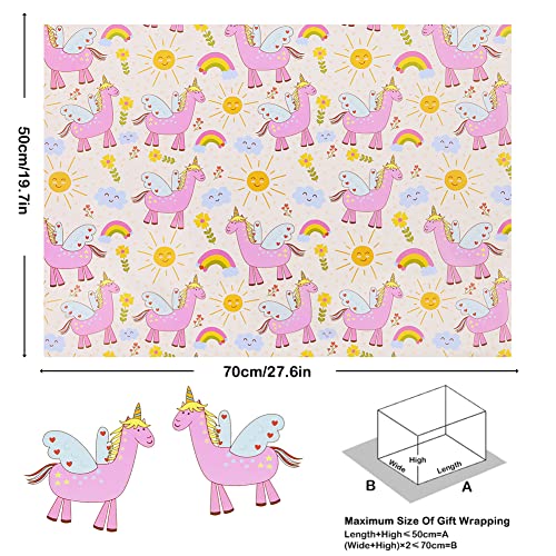 Magic Flying Unicorn Over Rainbow Flower Sunshine Dreams On Pink Wrapping Paper Sheets, Fantasy Horse With Wings and Horn Gift Wrap for Birthday Wedding Bridal Baby Shower Girl Kids, 4 Sheets Folded Flat 20x28 inches per sheet, 15 sq. ft. ttl.