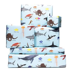 central 23 – wrapping paper for boys – 6 sheets of gift wrap for girls – ocean animals – whale dolphin turtle shark – cute blue birthday gift wrap for kids – made in the uk