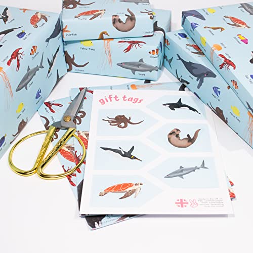 CENTRAL 23 - Wrapping Paper for Boys - 6 Sheets of Gift Wrap for Girls - Ocean Animals - Whale Dolphin Turtle Shark - Cute Blue Birthday Gift Wrap for Kids - Made in the UK