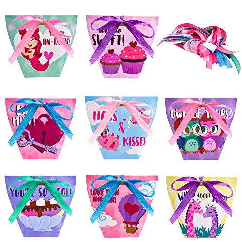 JOYIN 32 Pcs Valentines Day Gift Bags Candy Treat Bags with Ribbons Valentine’s Themed Goodies Bag for Kids Valentine Party Favor Supplies