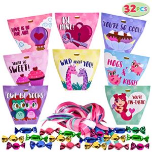 JOYIN 32 Pcs Valentines Day Gift Bags Candy Treat Bags with Ribbons Valentine’s Themed Goodies Bag for Kids Valentine Party Favor Supplies