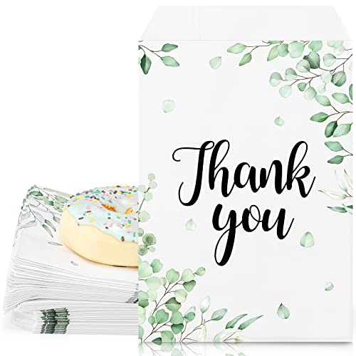 200 Pack Thank You Paper Treat Bags Greenery Eucalyptus Candy Buffet Bags Paper Cookie Bags Thank You Favor Bags Goodie Bags for Wedding Baby Shower Birthday Party Favors, Cookies, Goodies