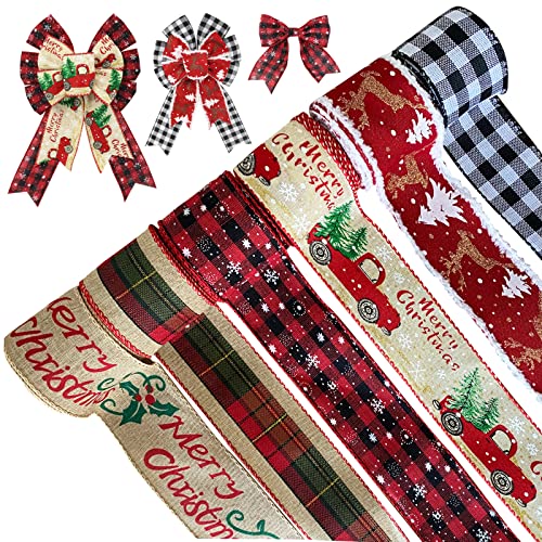 6 Rolls/30 Yards Christmas Ribbon Wired Burlap Ribbon Multi-Color Plaid Ribbon for Christmas Thanksgiving DIY Wrapping Wedding Floral Bows Crafts