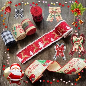 6 Rolls/30 Yards Christmas Ribbon Wired Burlap Ribbon Multi-Color Plaid Ribbon for Christmas Thanksgiving DIY Wrapping Wedding Floral Bows Crafts