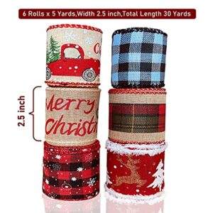 6 Rolls/30 Yards Christmas Ribbon Wired Burlap Ribbon Multi-Color Plaid Ribbon for Christmas Thanksgiving DIY Wrapping Wedding Floral Bows Crafts