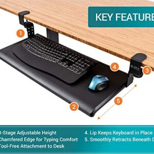 Stand Up Desk Store Large Clamp-On Retractable Adjustable Height Under Desk Keyboard Tray | for Desks Up to 1.5" (Large, 33" Wide)